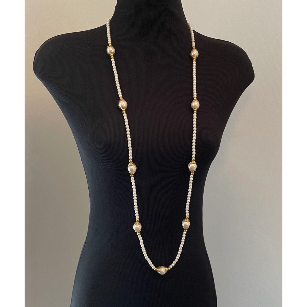 Vintage Faux Pearl‎ Long Opera Necklace Gold Tone Accents Cream 42 Inch Strand